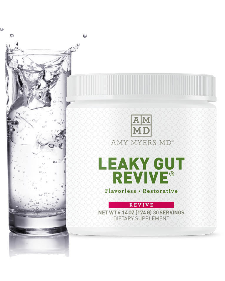 Glass of water overflowing with jar of Leaky Gut Revive